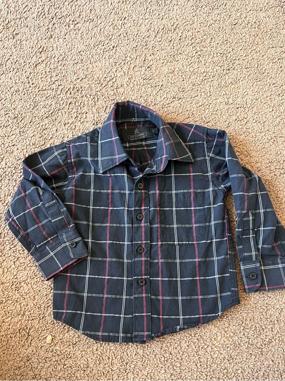 Vittorio Navy Plaid Button-Down Shirt with Red and White Accents